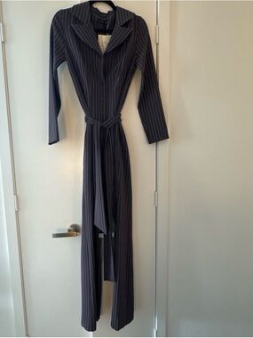 Pinstripe Wrap Jumpsuit with Self-Tie Belt - Grey